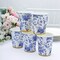 24 White 9 oz Blue Floral Design Disposable Paper Drinking CUPS Gold Rim Party